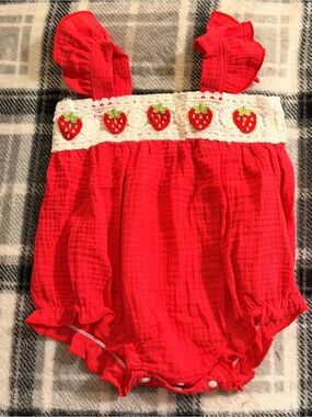 Red Strawberry Crochet Trim Baby Romper
